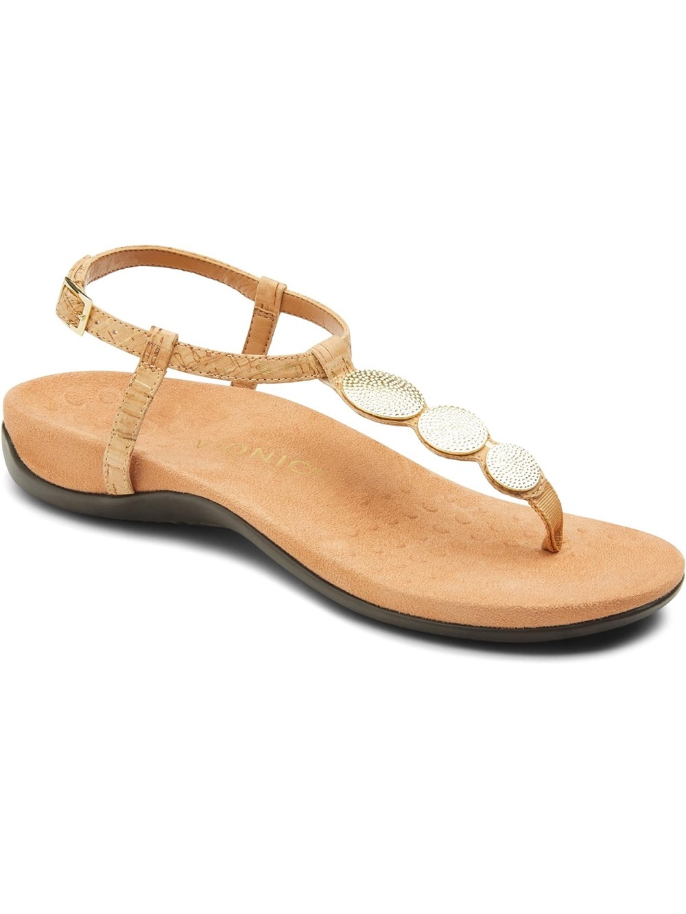 Vionic Women’s Tan T-Strap Sandals with Gold Accents